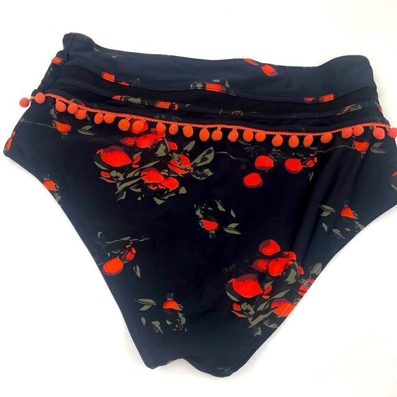 Cocoship Black Red Floral PomPom Trim High Waisted String Bikini - Picture 3 of 15